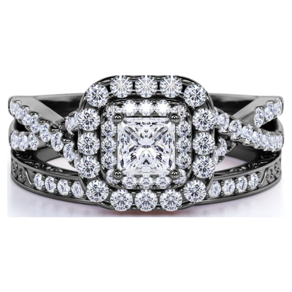 Square Diamond - Double Halo - Twisted Band - Vintage Inspired - Pave - Gothic Wedding Ring Set in 10K Black Gold - Image 3