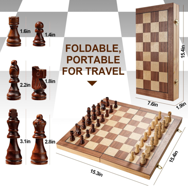 Magnetic Chess Board Set for Adults & Kids, 15" Wooden Folding Chess Boards, Handcrafted Portable Travel Chess Game with Pieces Storage Slots - Image 3