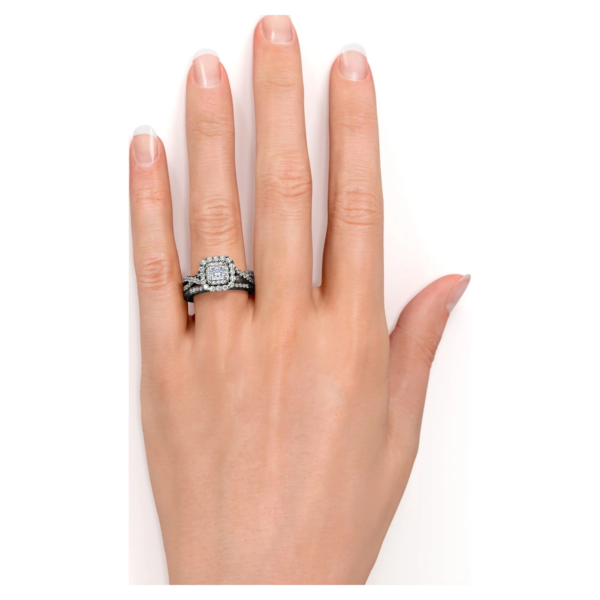Square Diamond - Double Halo - Twisted Band - Vintage Inspired - Pave - Gothic Wedding Ring Set in 10K Black Gold - Image 2