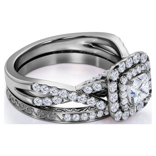 Square Diamond - Double Halo - Twisted Band - Vintage Inspired - Pave - Gothic Wedding Ring Set in 10K Black Gold - Image 4