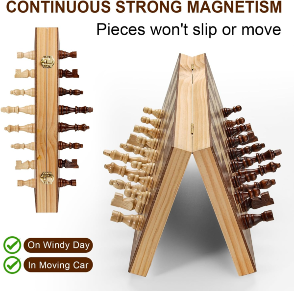 Magnetic Chess Board Set for Adults & Kids, 15" Wooden Folding Chess Boards, Handcrafted Portable Travel Chess Game with Pieces Storage Slots - Image 2